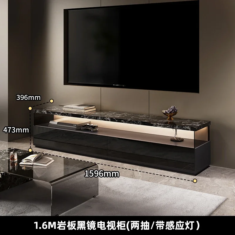 

01A Italian minimalist black rock slab TV cabinet household video cabinet living room glass floor cabinet