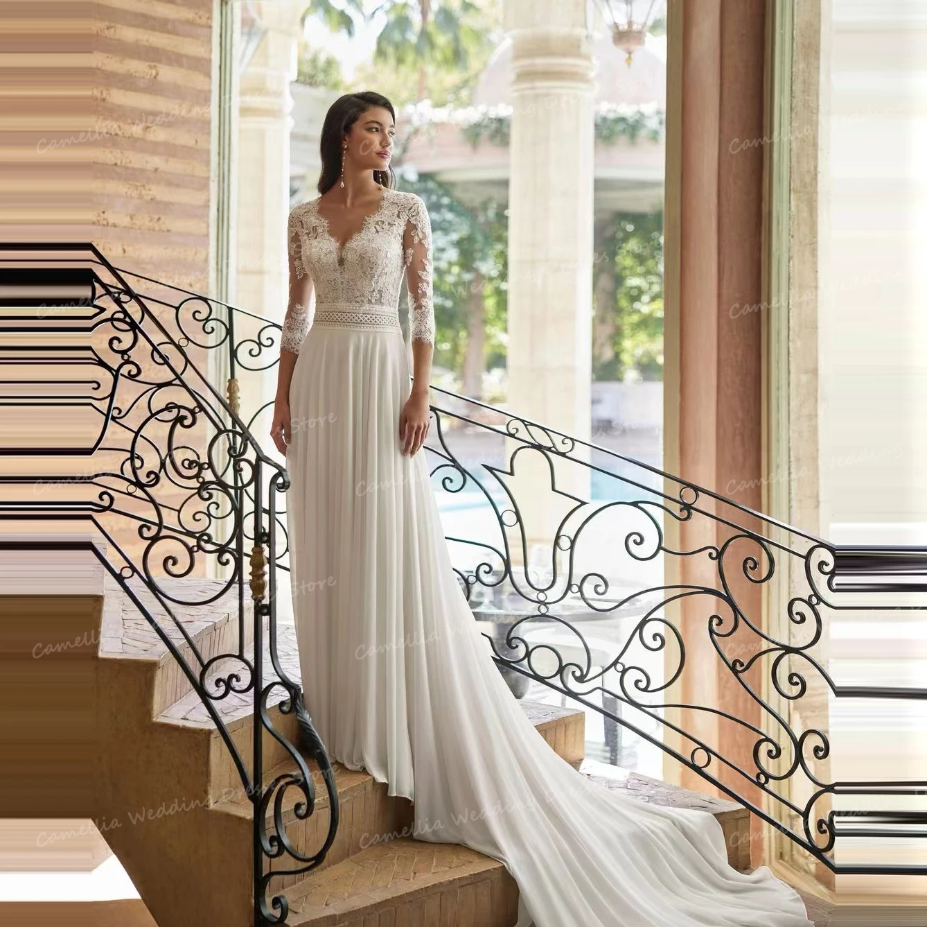 Boho Appliques abiti da sposa una linea scollo A V abiti da sposa Sexy A mezza manica da donna Backless Bohemia Soft Satin abiti eleganti