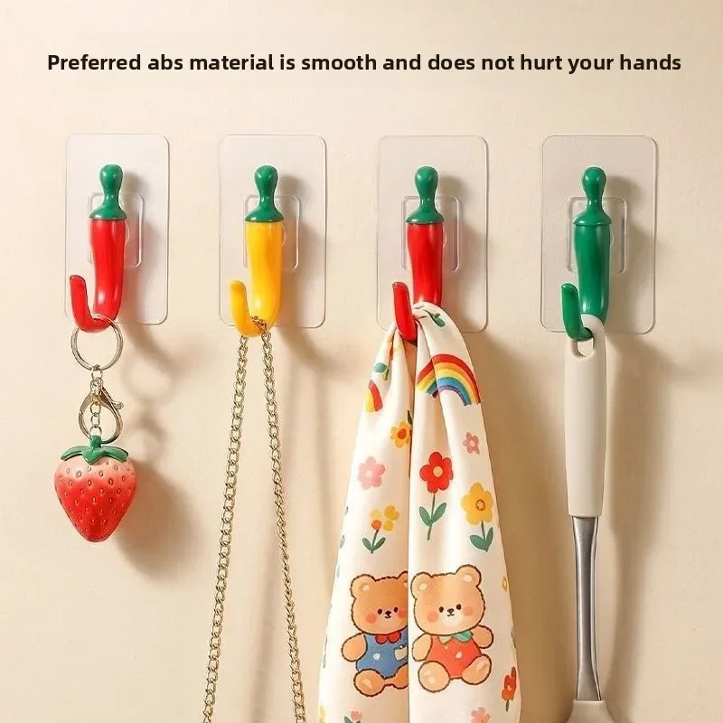 Trace-Free Chili Pepper Shaped Sticky Hooks No-Drill Self-Adhesive Wall Hangers for Kitchen Bathroom Holders for Small Items