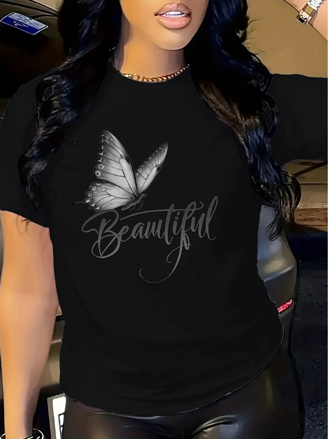 Women's Casual Yellow T-shirt with Inspirational Butterfly Print, Short Sleeve, Round Neck-Polyester Fiber, Machine Washable, Perfect for Spring/Summer, Women's T-shirt