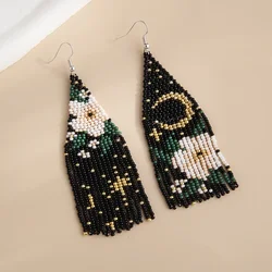 Beaded earrings Tassel Flowers Astral Design Hand knitting Bohemia Alloy Tide Simple Dissymmetry Originality Rice bead earrings