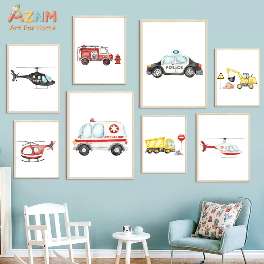 AZNM Cute Police Car Helicopter Motorcycle Canvas Wall Art, Watercolor Emergency Vehicle Print, Frameless Kids Room Nursery Deco