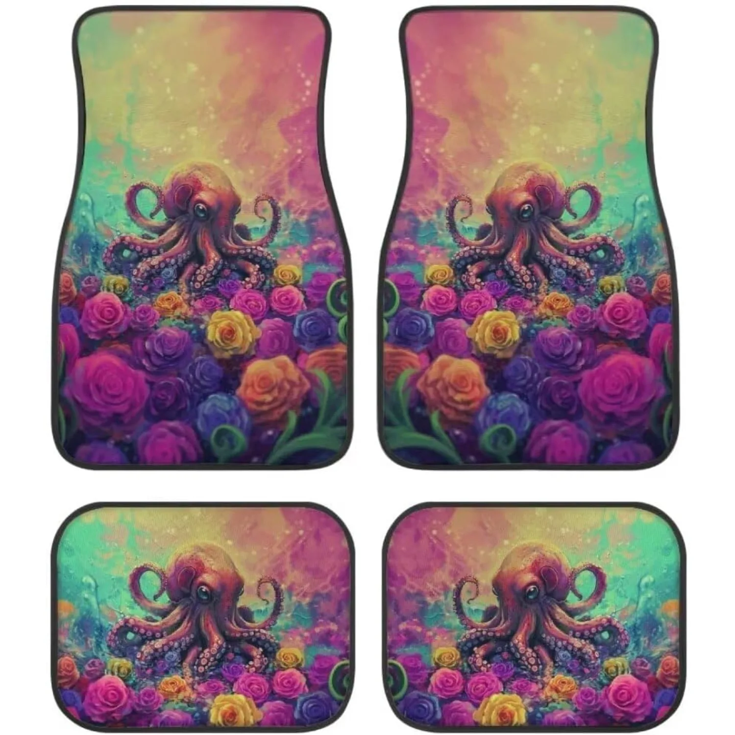 Set Of 4 Vibrant Octopus-Themed Floral Car Floor Mats, Suitable For Both Front And Rear, Designed To Fit Universally