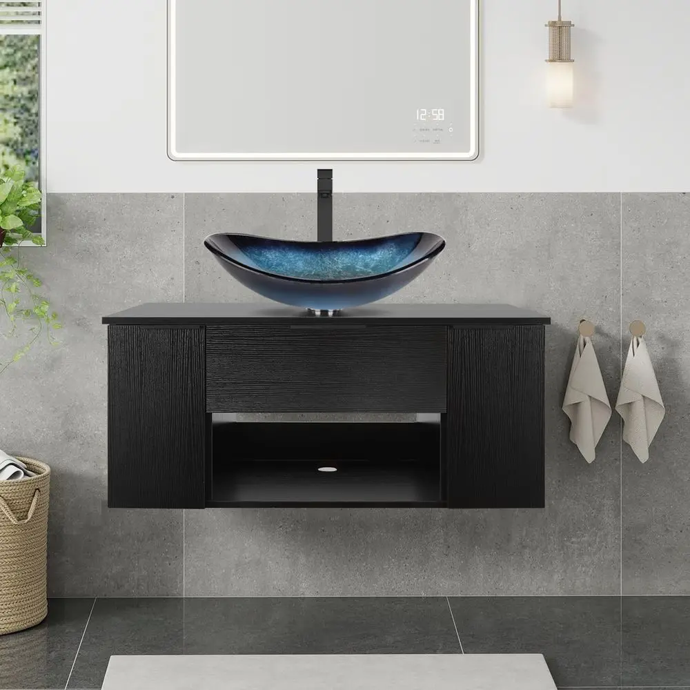 

36 Black Floating Vanity with 2 Doors & 1 Drawer, Blue Ceramic Sink Top