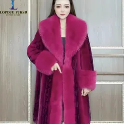 Faux Fur Coat for Women, Long Red Jacket, Thick Warm Clothes,Large Fur Collar,Spliced , Autumn and Winter