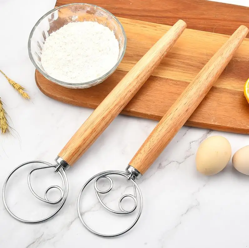 Danish Dough Whisk Blender Dutch Bread Whisk Egg Beater Flour Mixer Wooden Handle Pizza Pastry Biscuits Baking Tools ni200