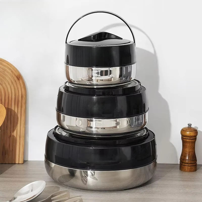 3Pcs Black Stainless Steel Thermal Food Warmer SetInsulated Lunch Box With Handle Hot 220 Food Storage Container for Catering