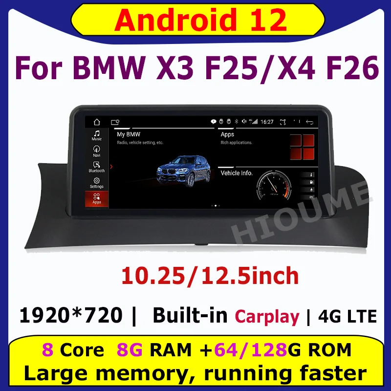 

10.25" 12.5" 8 Core 8G+128G Android 12 Car Multimedia Player For BMW X3 F25 X4 F26 2011-2016 Auto Radio GPS Stereo CarPlay Video