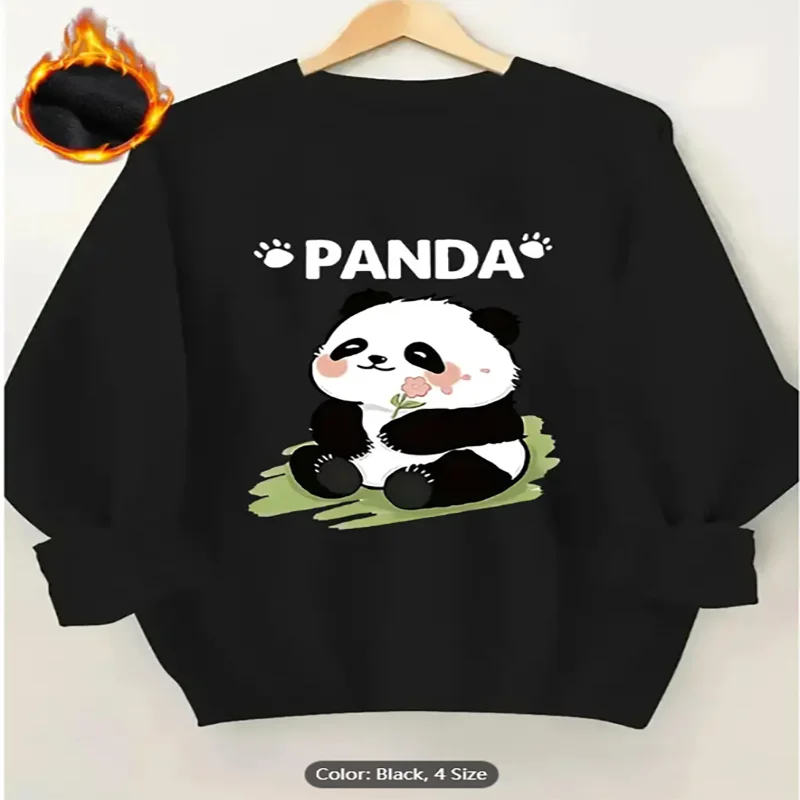 

Женская толстовка с рисунком панды и цветком панды на флисовой подкладке, повседневный пуловер большого размера, топ для любителей животных из чистого хлопка