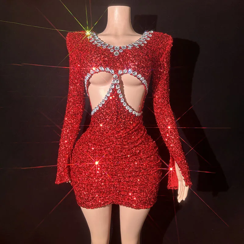 

Эластичное красное мини-платье в рождественском стиле с глубоким V-образным вырезом и длинными рукавами, украшенное блестящими пайетками, для вечеринок и ночных клубов.