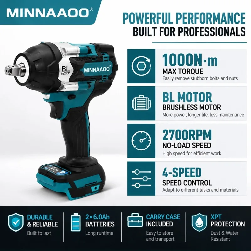 For Makita 18V Brushless Impact Wrench 1000N.m Cordless Electric Torque Tool With 2x6.0Ah Battery Carry Case