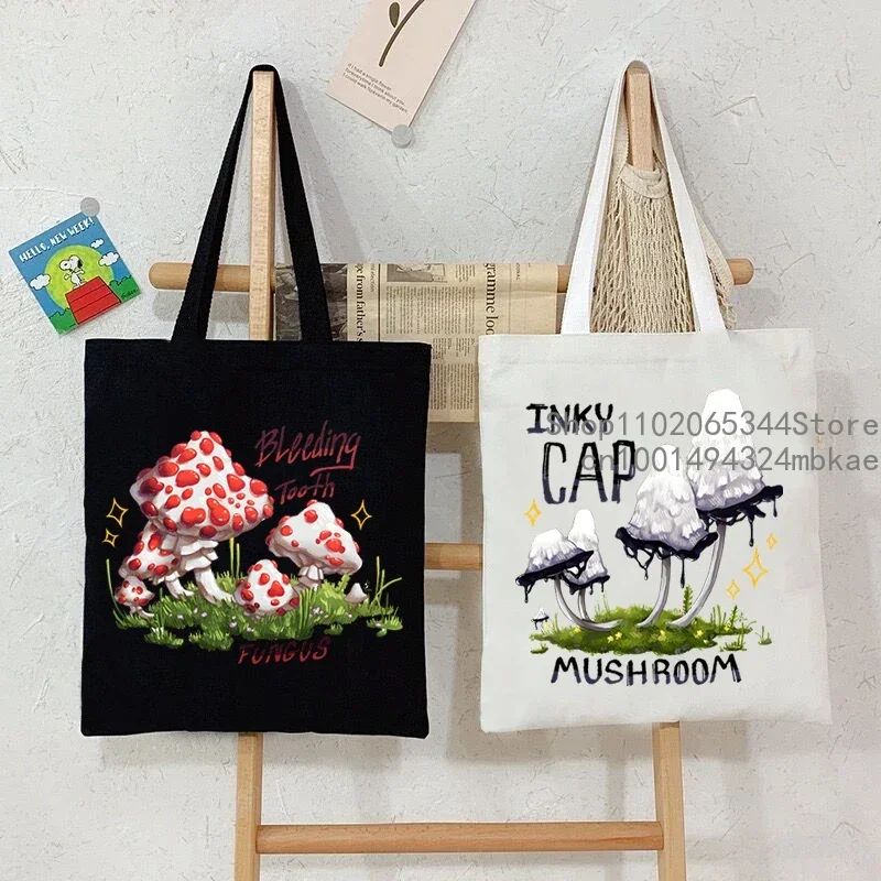 Women Mushroom Series Handbags Inky Cap Mushroom Print Canvas Tote Bags Funny Bleeding Tooth Fungusc Graphics Side Bag for Women