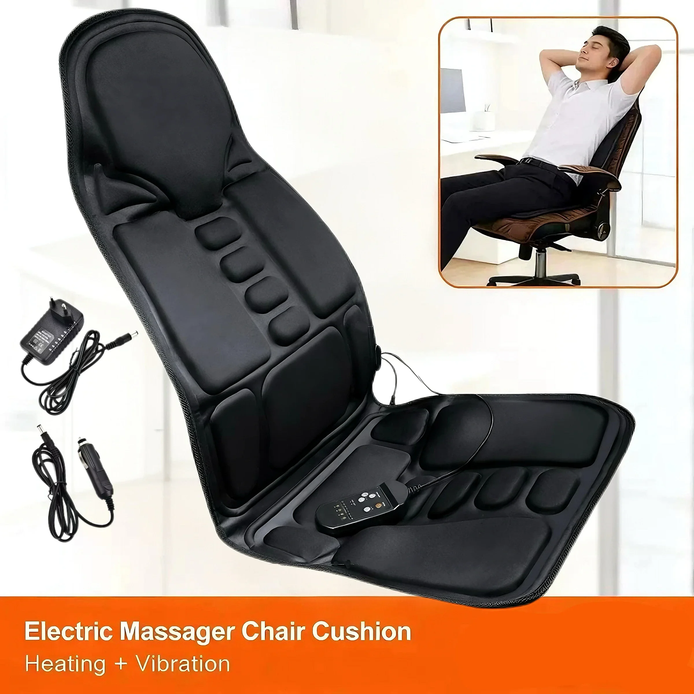 Massage Chair Cushion Heating Vibration Full Body Back Neck Waist Hip Massager Pad Home Office Car Use With Dual Power Adapter