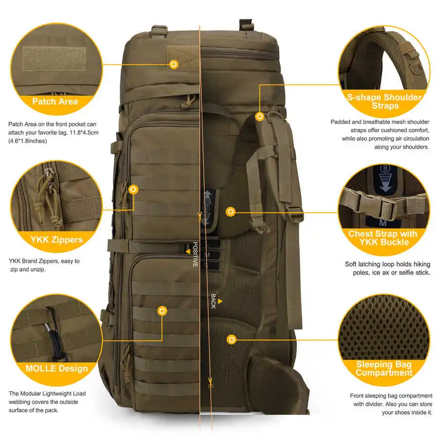 75L Large Capacity MOLLE Backpack with Internal Frame and Rain Cover for Camping Hiking Tactical Mountaineering Hunting Backpack