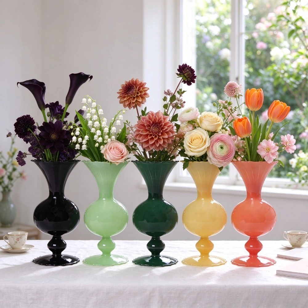 Romantic Vintage Glass Goblet Vase Multi Option Color Flower Container for Dining Table Bedroom Wedding Centerpieces
