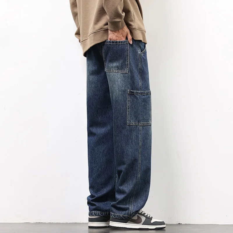 Men's Cargo Jeans with Pockets Jeans Spring Summer All-match Wide Leg Straight Baggy Trouser Korean Loose Fit Casual Denim Pants