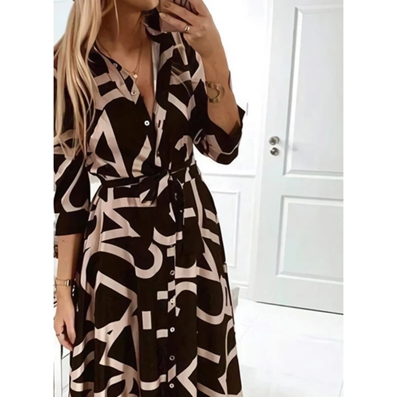 

Printed Long Sve V-Ne Midi Dr with Belt And Button Detail for Women Independent Station Cross-Border Spring Autumn