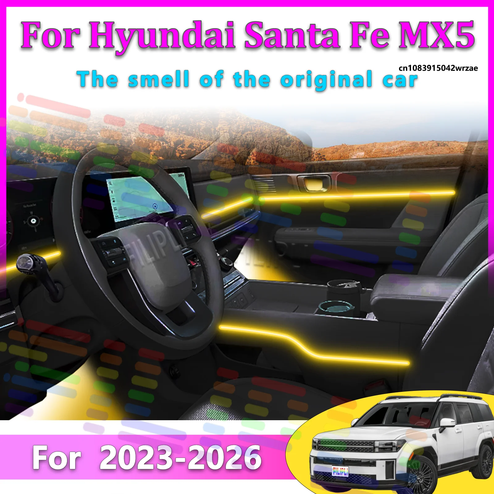

For Hyundai Santa Fe 2023 MX5 Car LED Ambient Lamps Colorful Atmosphere Lights Auto Interior Neon Strip App Control 64 RGB Light