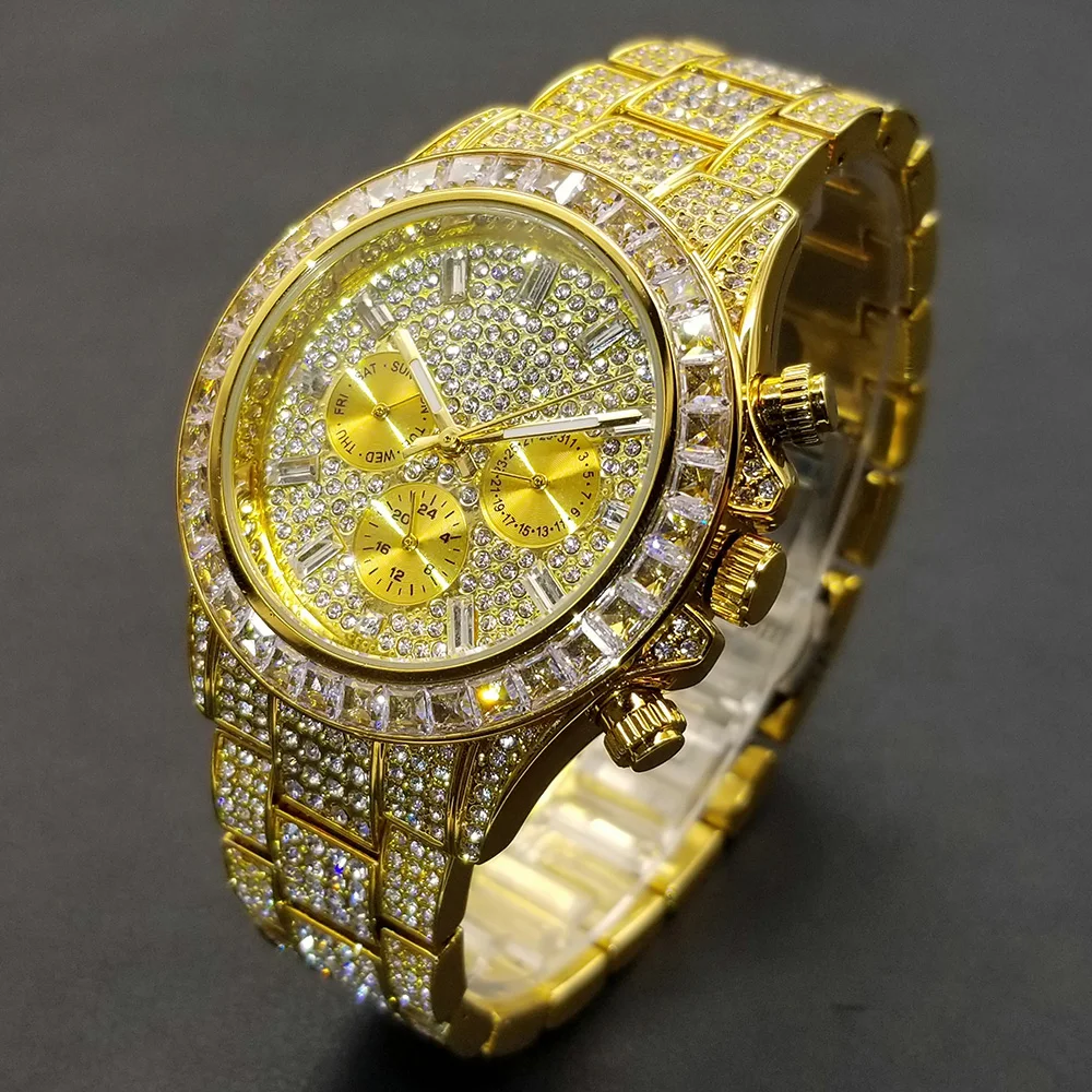 MISSFOX Hip Hop Men Watch Luxury Iced Out Diamond Gold Watches Fashion Stainless Steel Dive Week Display Clock Dropshipping 2022