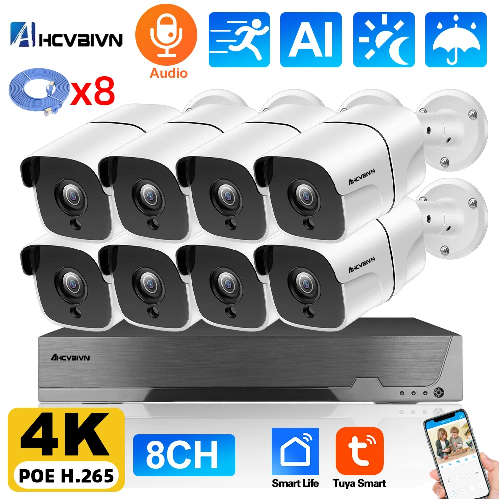 Zestaw POE NVR 4K Tuya Smart Life System nadzoru wideo z kamerami kulowymi IP 8MP System bezpieczeństwa CCTV 8CH Zestaw bezpieczeństwa POE