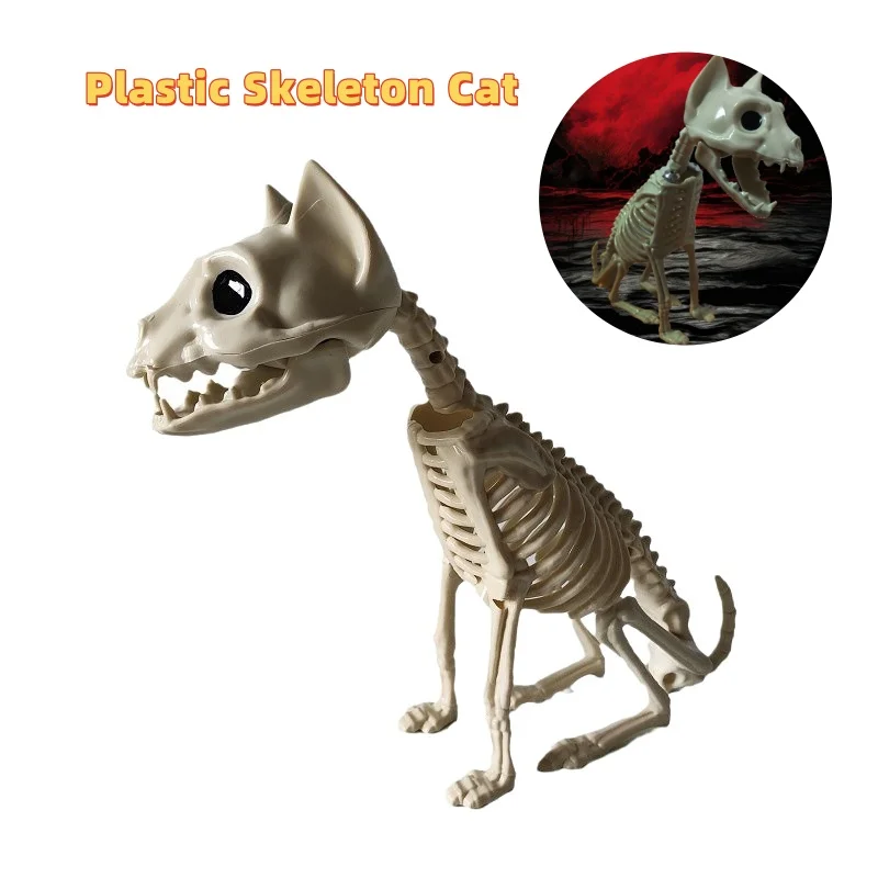 Posable Plastic Skeleton Cat Haunted House Decor Scary Bone-Chilling Ornaments for Halloween Party, Yard & Home Decor