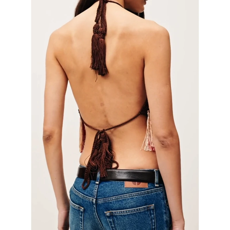 Women's Boho Fringe Halter Top Sleeveless Backless Tassel Tank Tops Y2k Sexy Asymmetrical Knit Party Camisole Vest