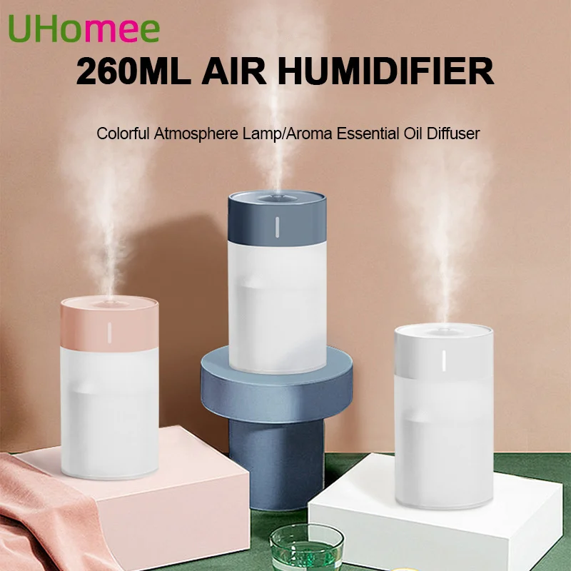 260ML Air Humidifier Mini LED Atmosphere Light Household Humidifier Ultrasonic Aroma Essential Oil Diffuser USB Car Mist Maker