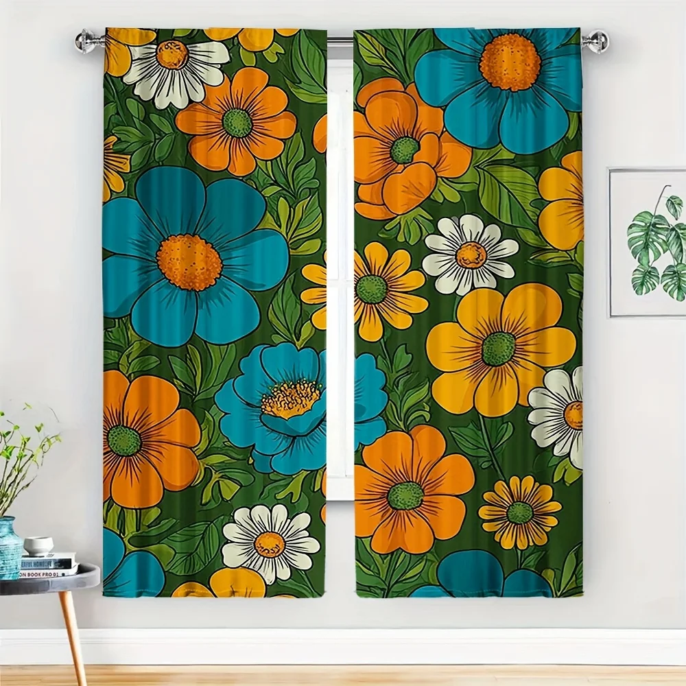 2pcs, No suspension rod Curtains, 23.62x59.06 inch, Retro floral seamless pattern in orange, blue, Suitable for all seasons of h