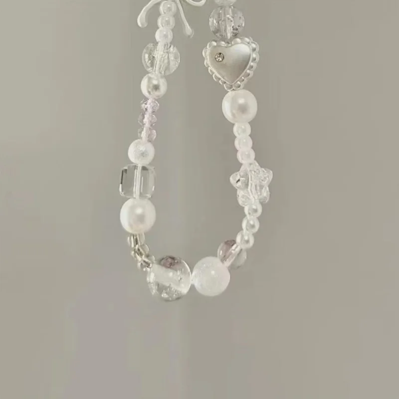 Korean Cute White Star Pearl Beads Phone Chain Trendy Pendant For iPhone Universal Accessories Lanyard Hanging Rope For Girl