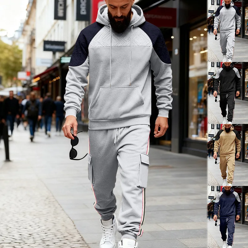 

Cross-border winter blockbuster loose casual men's simple outdoor hooded commuter contrasting sweater sweatpants set