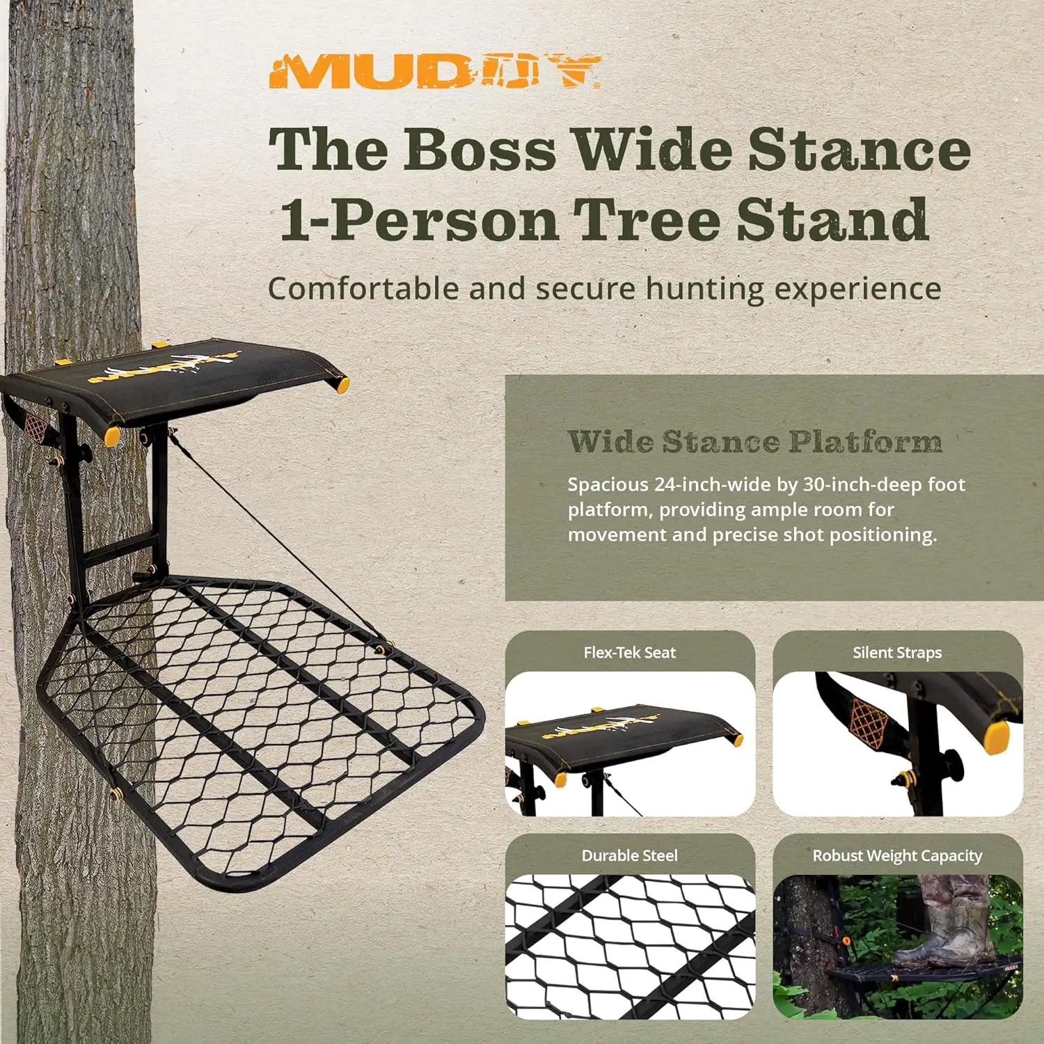 USA Hang On 1 Person Hunting Tree Stand Platform with Silent Straps, FlexTek Comfort Seating, and Extra Wide Platform (2 Pack)