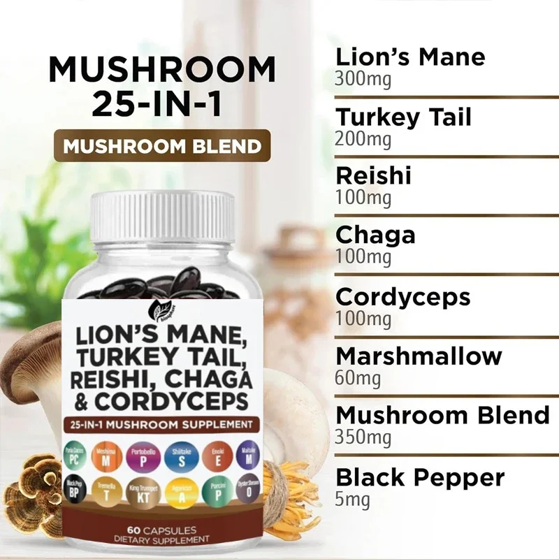 

Lions Mane 20in1 Mushroom Supplement with Turkey Tail, Ganoderma Lucidum, Cordyceps Sinensis, Chaga, Cotton Candy Root