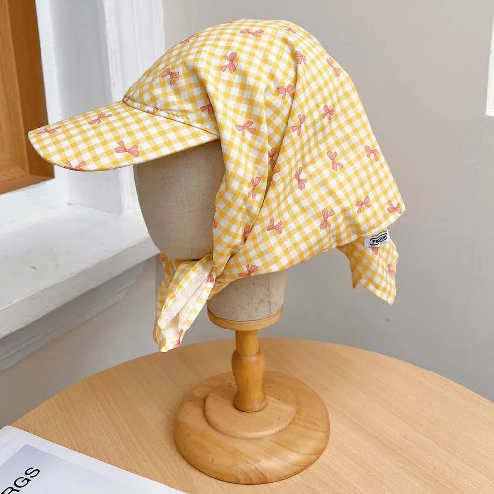 

Driving Rural Style Headscarf Baseball Hat Bow Plaid Triangle Headscarf Hat Sunshade Cotton Strappy Bandana Cap Women