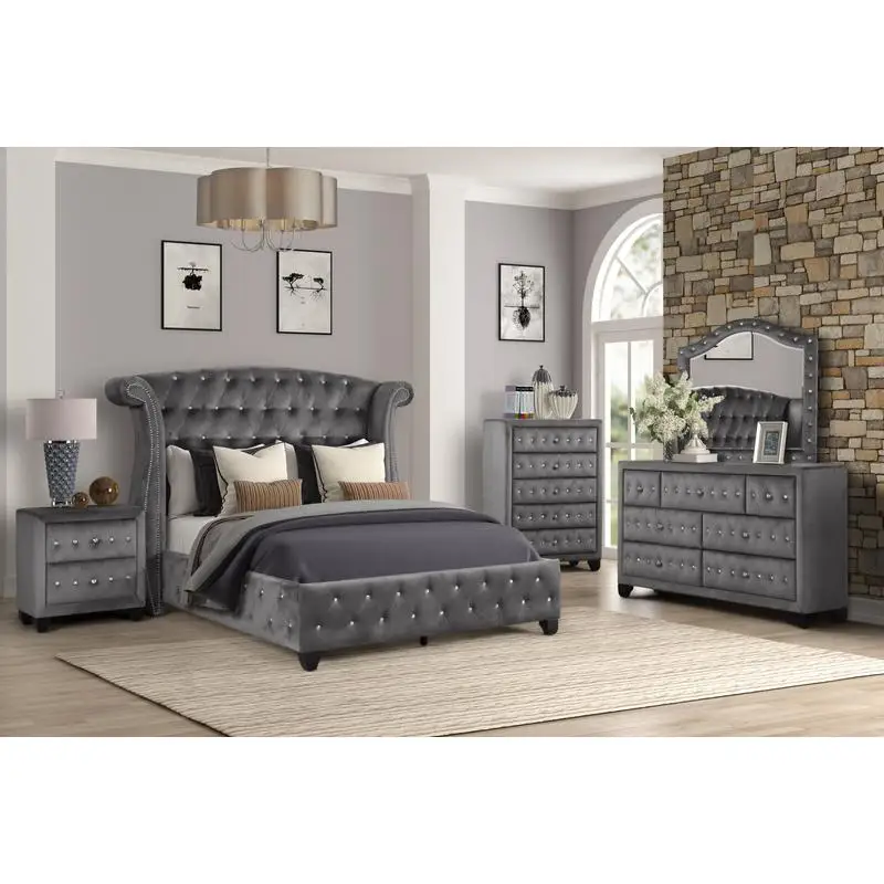 5 Piece Upholstered Bedroom Set in Gray Wood Finish