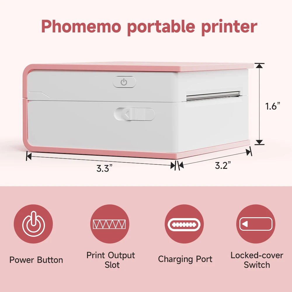 Mini printer Phomemo M02-Pocket Mobile Photo Printer  Bluetooth Thermal Sticker Printer for Study, Office, Home, Gift, Pink