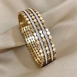 Greatera Gold Plated Stainless Steel Rhinestone Charm Wide Bangles Bracelets for Women Layered Chunky Metal Waterproof Jewelry