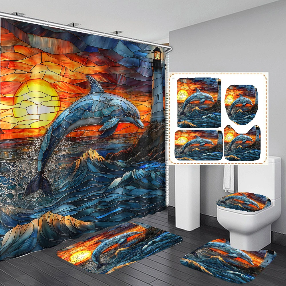 Waterproof Eco-Friendly Polyester 3D Digital Printing Cute Dolphin Sea Creature Bathroom Shower Curtain 4-Piece Set