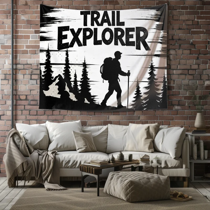 Tapisserie murale graphique VIKAMA Hiking Explorer, couverture de fond vintage à texture brossée pour randonneurs en forêt