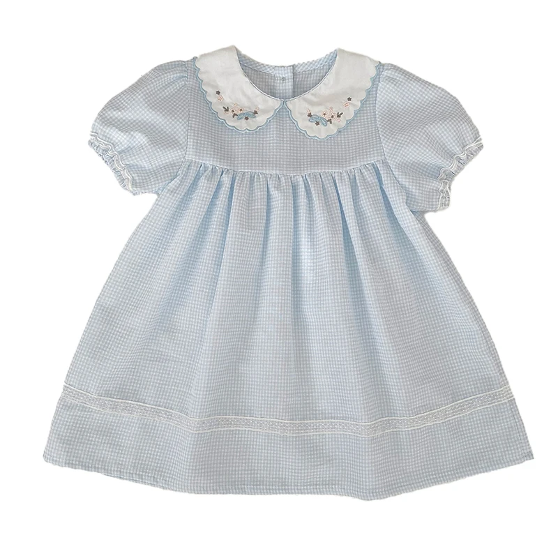 2026 Neues Sommerkleid für 2-6 Jahre, Kurzarm, Blumenmuster, Koreanische Version, Süßes Karokleid mit Besticktem Kragen für Mädchen – Detail 14