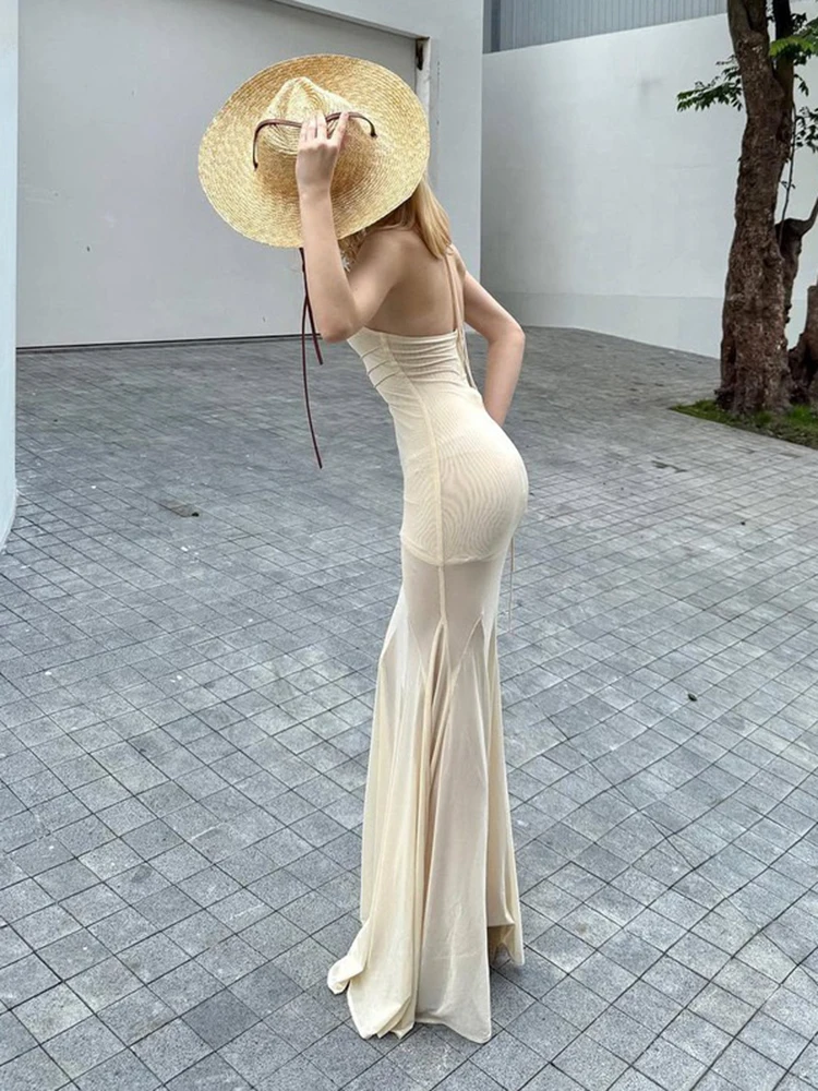 Verão novo feminino dupla camada de malha retalhos com decote em v amarrado vestido halter, elástico e emagrecimento vestido longo