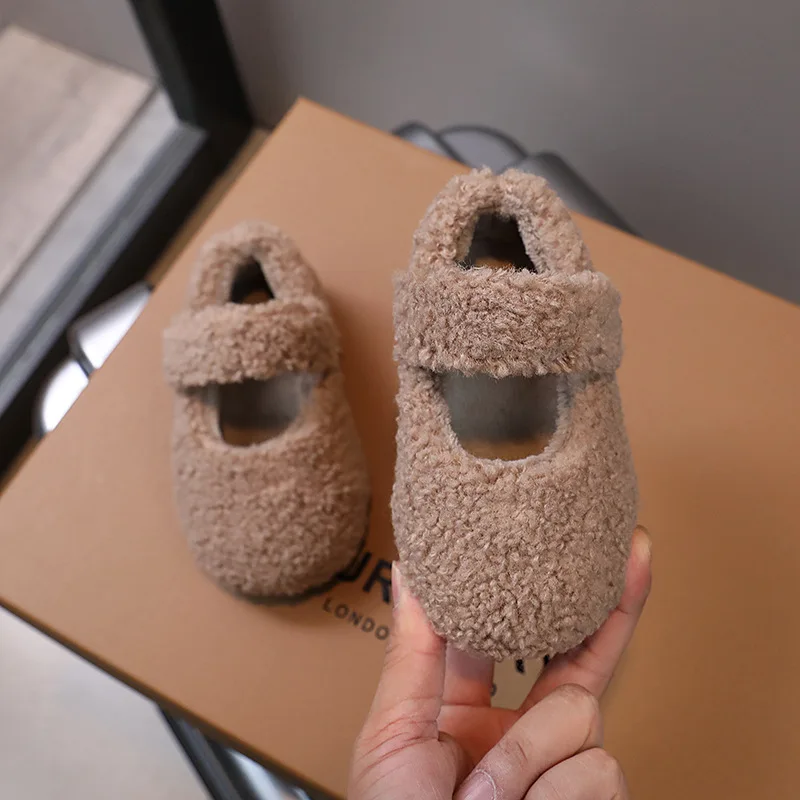 Autumn Winter Children Furry Shoes Fashion Warm Kids Princess Shoes Korean Style Shallow Girls Shoe Cover Toe Plush Flat Shoes