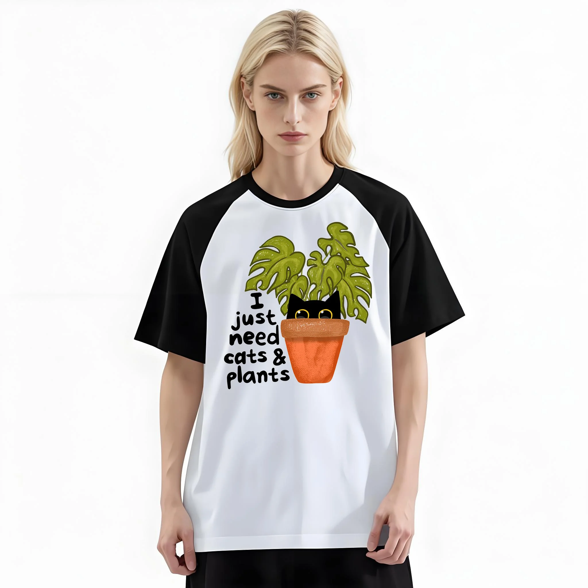 Women'S Fashion Raglan Sleeve T-Shirt, just need cats and plants lover Printed, Summer Casual Comfortable Tee, Women'S Everyday Short-Sleeve Top