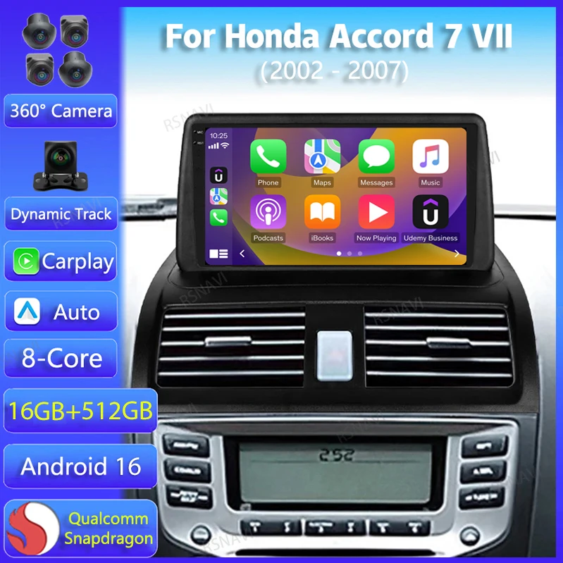 Radio para Auto Android 16 para Honda Accord 7 VII 2002 2003 2004 2005 2006 2007, Receptor de Auto de 8 Núcleos, Pantalla QLED, Navegación GPS, Carplay