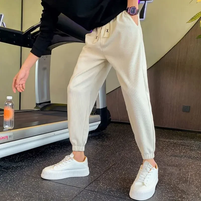 Black Men's Sweatpants Corduroy Plain With Pockets Trousers Cool Korean High Quality Trend Fashion New in Y2k Male Sports Pants