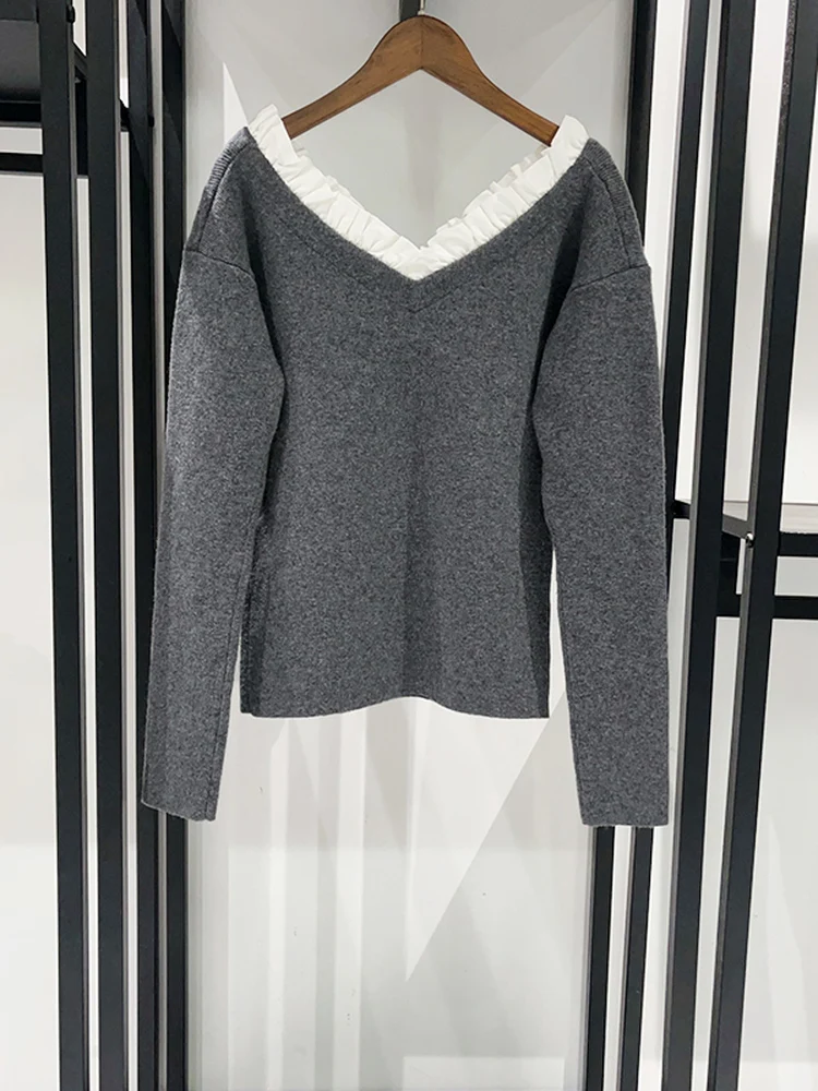 

Шикарная цветная блузка с кружевной отделкой и оulder Bared V-Ne, вязаная толстовка с капюшоном, женская длинная рубашка из нейлоновой шерсти, топ средней длины