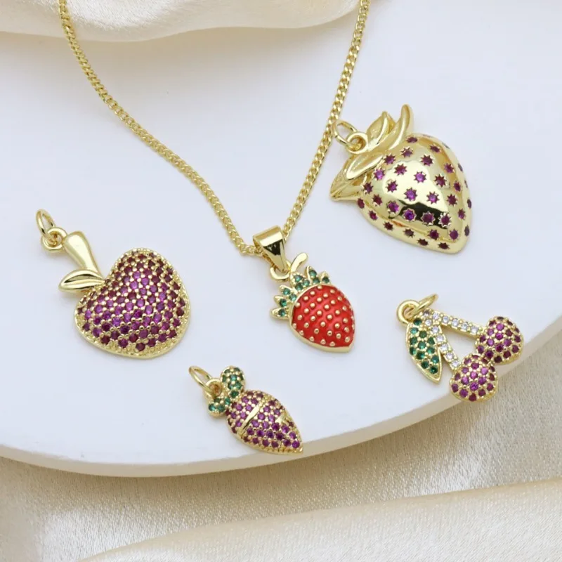 6pcs Copper Set Zircon Encrusted Gold Color Strawberry Carrot Cherry Apple Pendant Diy Handmade Jewelry Earrings Bracelet Charms