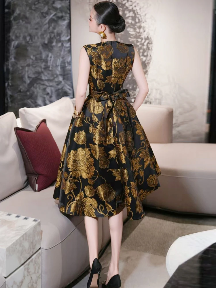 فساتين فرنسية أنيقة الراقية خمر جولة الرقبة أكمام الدانتيل متابعة القوس الذهب الجاكار عالية الخصر ضئيلة ألف خط فستان طويل النساء #6