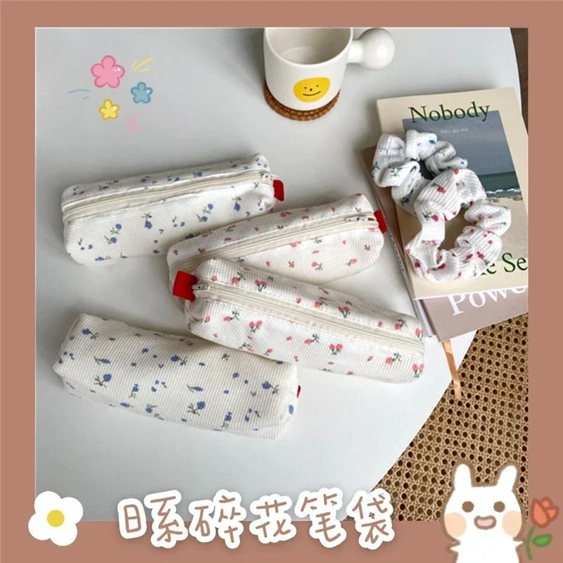 Cute Small Flowers Pencil Cases Floral Cotton Linen Pencil Bag Simple Pen Bag Storage Bags School Supplies Kawaii Stationery 1Pc