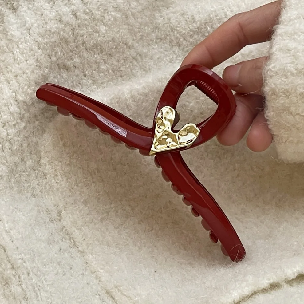 

Retro Red Ruffle Heart Shark Hair Claw Clip Volumizing Updo Holder for Women Back Head Daily Chic