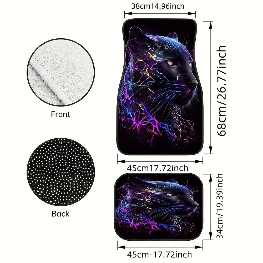Set Of 4 Neon Glow Black Panther Car Floor Mats, Unisex Luxury Interior, Must-Have Car Additions